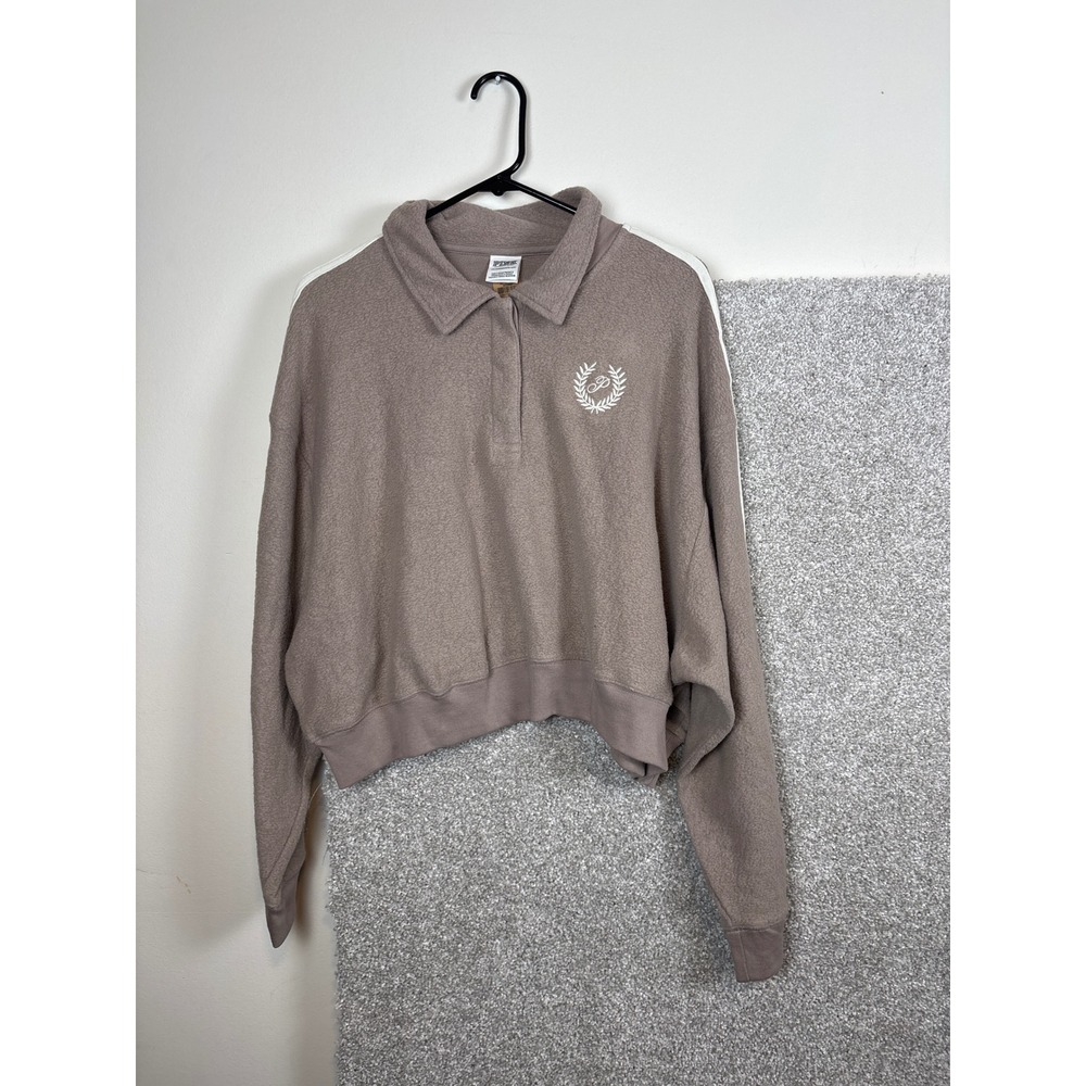 PINK by Victoria Secret Cropped Pullover Sweatshirt Athletic Stripe Taupe XXL